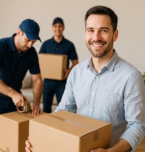 Professional movers carefully packing household items